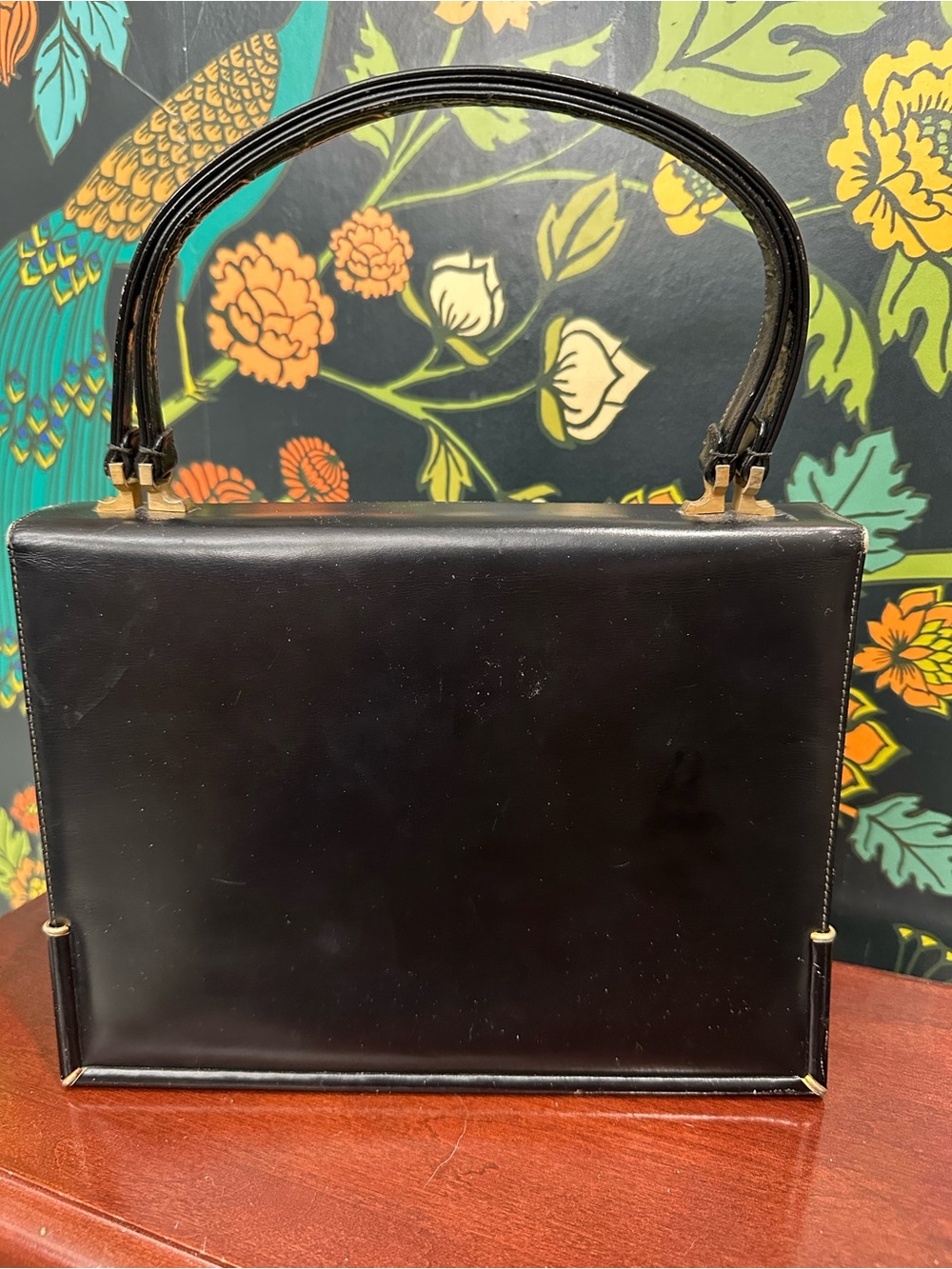 Vintage 1960s Black Structured Top Handle Bag with Red Interior - Picture 7 of 12